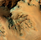 Recurring slope lineae (RSL) stain mountain slopes in Hale Crater. (NASA/JPL/University of Arizona)